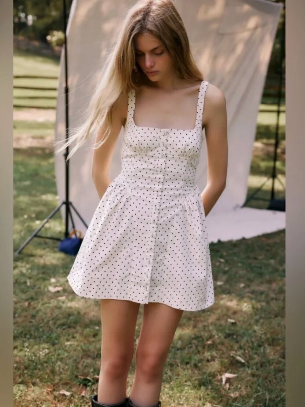 Free People Polka Dot Astrid Oxford Button Down Mini Dress Ivory Black Size S
